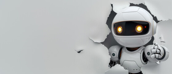 A futuristic robot with glowing eyes peers curiously through a ragged tear in a plain white backdrop