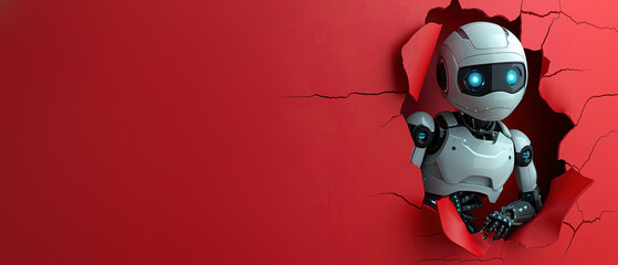 A red robot peeks through a bold red cracked wall, conveying boldness and curiosity