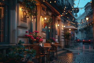 Fototapeta na wymiar Street veranda of a cafe decorated with flowers on a city street, evening time, lights are on and people are sitting at tables. City life. Generated ai