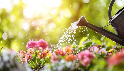 Tuinposter Watering flowers with a watering can under the morning sun in a serene garden landscape © Maksym