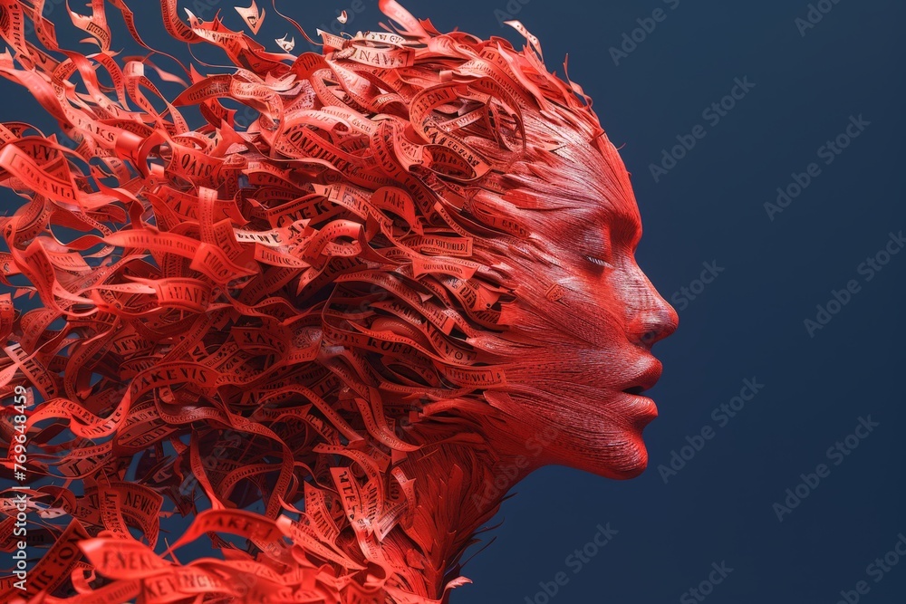 Aufkleber a womans face is intricately covered in a web of vibrant red thread, creating a captivating and surr