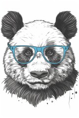 Portrait of a grey, cute panda with blue glasses. stylish.