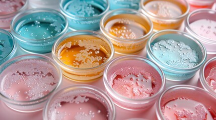 Colorful Petri Dishes With Bacterial Growth Patterns. Vibrant Laboratory Research, Laboratory Cosmetics Testing, Microbiology Experiment, Biotechnology. AI Generated