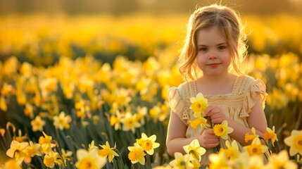 Young adorable girl standing in a daffodil field wearing a pretty spring dress picking yellow flowers. Copy space