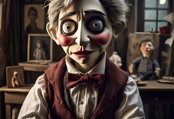 A puppet story, beautiful but odd high-quality puppet, portrait, photorealistic, highly detailed, joy and sadness - obrazy, fototapety, plakaty