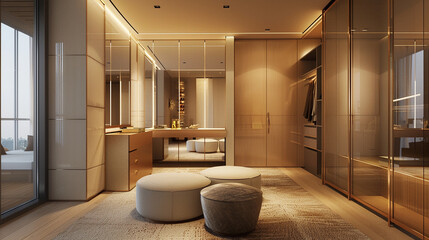 Fototapeta na wymiar A chic dressing room with floor-to-ceiling mirrors and custom-built wardrobe cabinets.