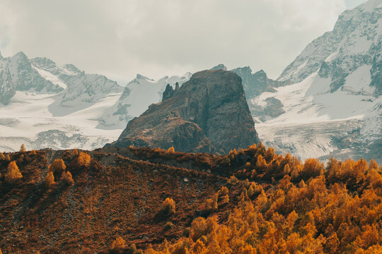 High mountain among the autumn forest, snow-capped mountains in the background