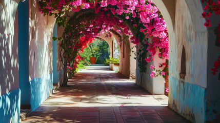 Aesthetic arched tunnel with red flowers and shadows in garden on sunny day. Romantic elegant...