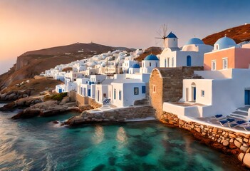 Embrace the warm hues of sunset in Mykonos Town Chora, where the Aegean Sea's azure waters reflect the vibrant life of this iconic Greek island - obrazy, fototapety, plakaty