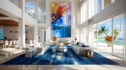 Sunlit Living Area Featuring Cobalt Blue Accents and Energetic Abstract Art - obrazy, fototapety, plakaty