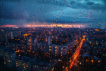 Beautiful night city view from cozy panoramic window with rain drops on it.