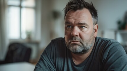 Man with gray beard and hair wearing a gray t-shirt sitting in a room with a window looking contemplative.