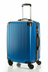 Blue suitcase, plastic luggage bag, on a white background.