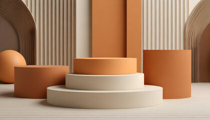 Abstract 3D room with set of realistic steps cream, beige and orange cylinder pedestal podiu....