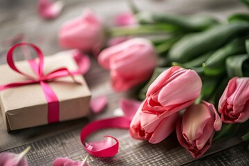 pink tulips next to a gift box