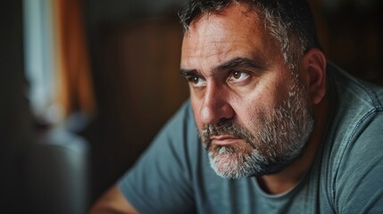 Fototapeta premium A contemplative man with a beard looking off to the side wearing a casual gray shirt.
