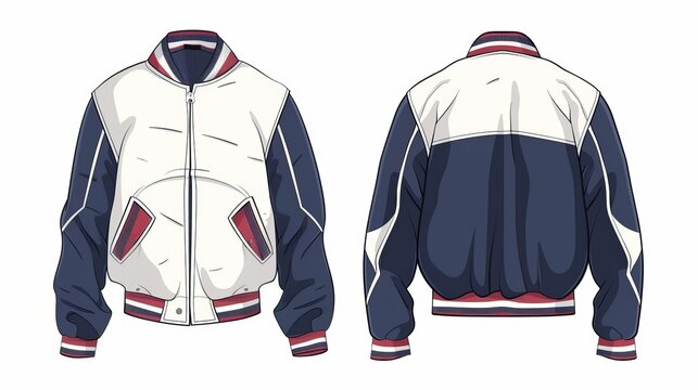 A varsity or baseball jacket template, illustrated in front, back, and side views