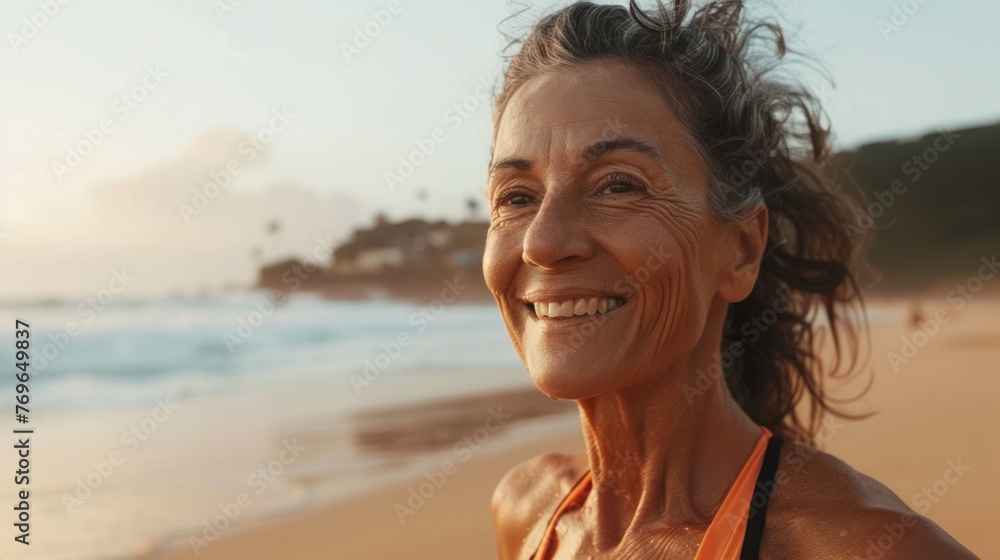 Sticker Smiling woman in orange tank top standing on beach with waves and sunset in background.