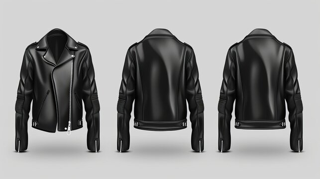 A vector illustration for a black jacket template, showcasing the front, back, and side views