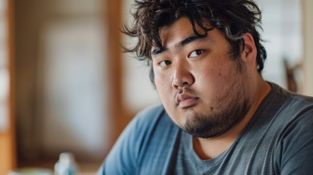 A man with a beard and messy hair wearing a gray t-shirt looking slightly to the side with a thoughtful expression.
