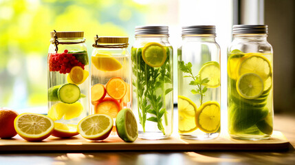 Sliced citrus fruits, berries and greens in water filled glass jars or bottles on a sunlit wooden tray, reflecting a fresh, healthy lifestyle. Organic detox drink - Powered by Adobe