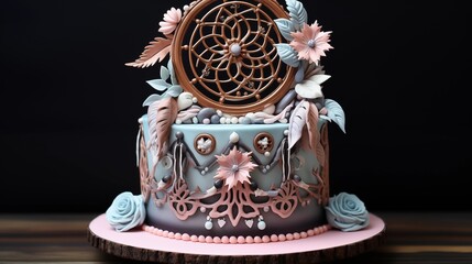 Dream catcher cake with intricate fondant dream catcher.