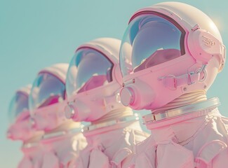 Quartet of astronauts in pink hues. A striking quartet of astronauts in white space suits are seemingly planted on a pastel backdrop, evoking a retro-futuristic vibe of exploration