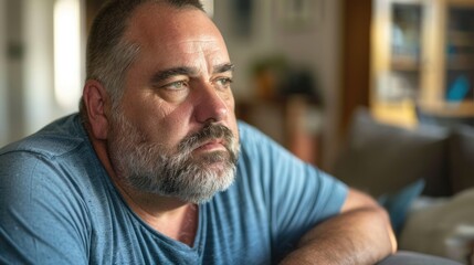 Fototapeta premium A man with a gray beard and mustache wearing a blue shirt sitting in a room with a blurred background looking contemplative.