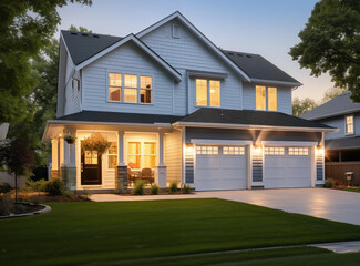 Obraz premium Beautiful exterior of a modern luxury home of newly built luxury house with yard with green grass and twilight sky, realestate concept 