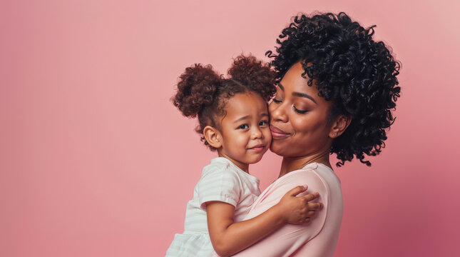 African american mom and daughter hugging on a pastel pink background, mother and girl happy with copyspace hd