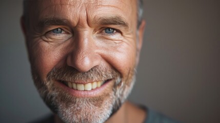 Smiling man with blue eyes and gray beard close-up portrait with soft focus on background.