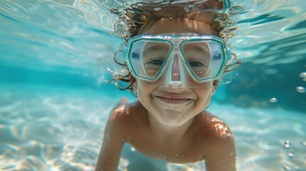 Naklejka premium Young child underwater smiling with goggles on surrounded by blue water and bubbles.