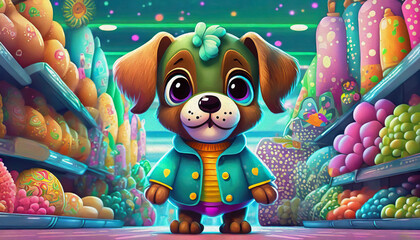 Oil painting style Cartoon character baby dog shopping in the supermarket dog in a shop