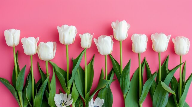 White tulips flower spring bouquet copy space on a light pink background. AI generated image