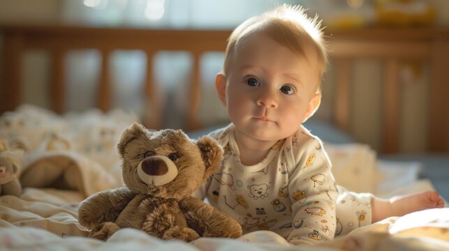 A baby in a crib looking at the camera with a curious expression surrounded by soft bedding and a teddy bear.