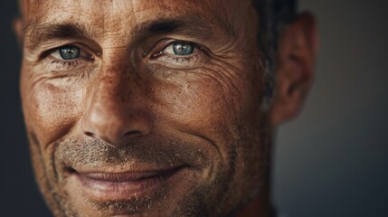 A close-up portrait of a man with a warm smile showcasing his blue eyes and skin texture set against a soft-focus background.