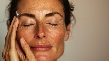 A woman with closed eyes gently massaging her face showcasing a serene and self-soothing moment.
