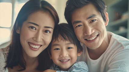 Fototapeta premium A joyful family of three posing together smiling brightly with a warm and loving atmosphere.