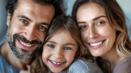A joyful family portrait with a man woman and young girl smiling together showcasing a warm and loving moment.