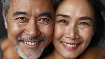 A close-up of two smiling Asian individuals likely a cou ple with their faces touching showcasing their happiness and closeness.