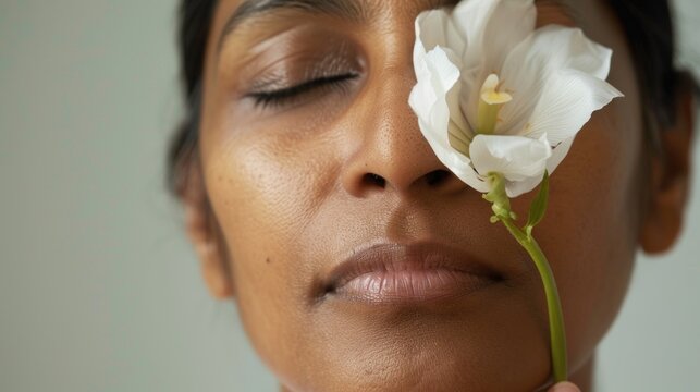 A person with eyes closed enjoying the scent of a white flower held close to their face.