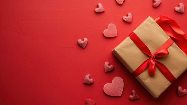 Brown gift box with a red ribbon bow and heart paper cut on red background. AI generated image