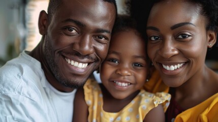A joyful family moment captured with a smiling man a woman and a young girl all sharing a warm embrace and bright smiles.