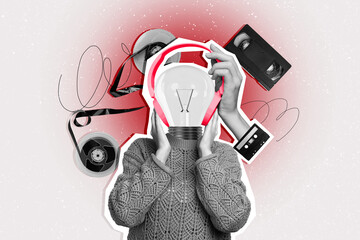Composite photo collage of human instead head light bulb listen music headphones device tape...