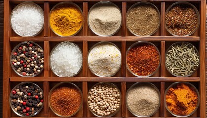 Vivid spice palette  assortment of aromatic spices in delicate bowls for artistic presentation