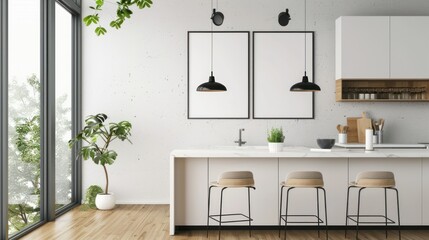Scandinavian kitchen interior design with blank mock up frame on wall background. AI generated