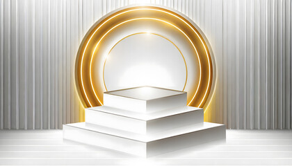Abstract 3D white steps round corner cube pedestal or stand podium with glowing neon ring....