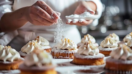 Pastry chef sprinkling powdered sugar over sweet delicious cupcakes