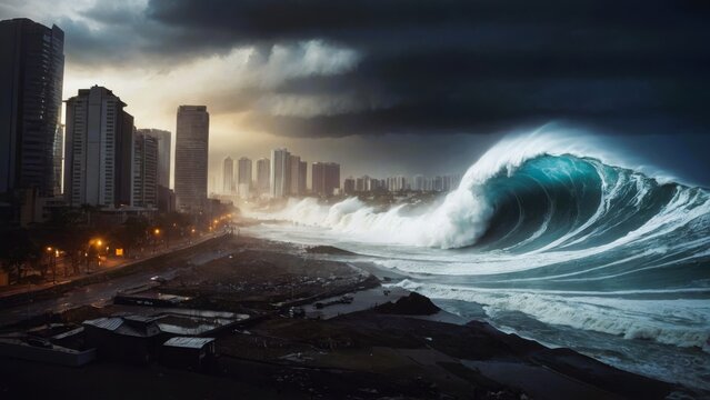 都市を襲う津波,Generative AI AI画像