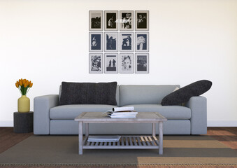 Black and white photo frame in the family room, with 3D rendered sofa and chairs.